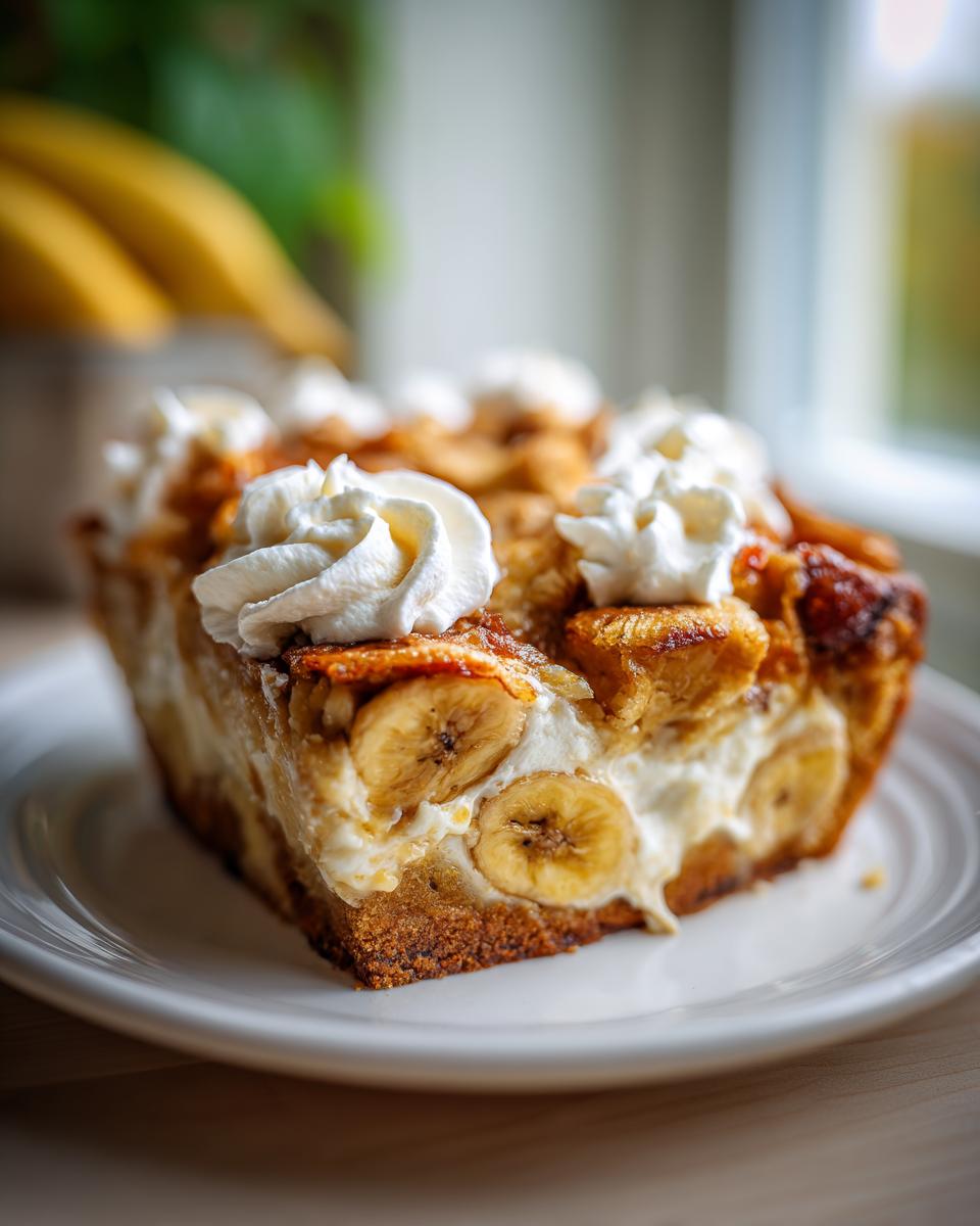 A close-up of a slice of banana pudding cobbler topped with whipped cream, showcasing layers of bananas and creamy filling.