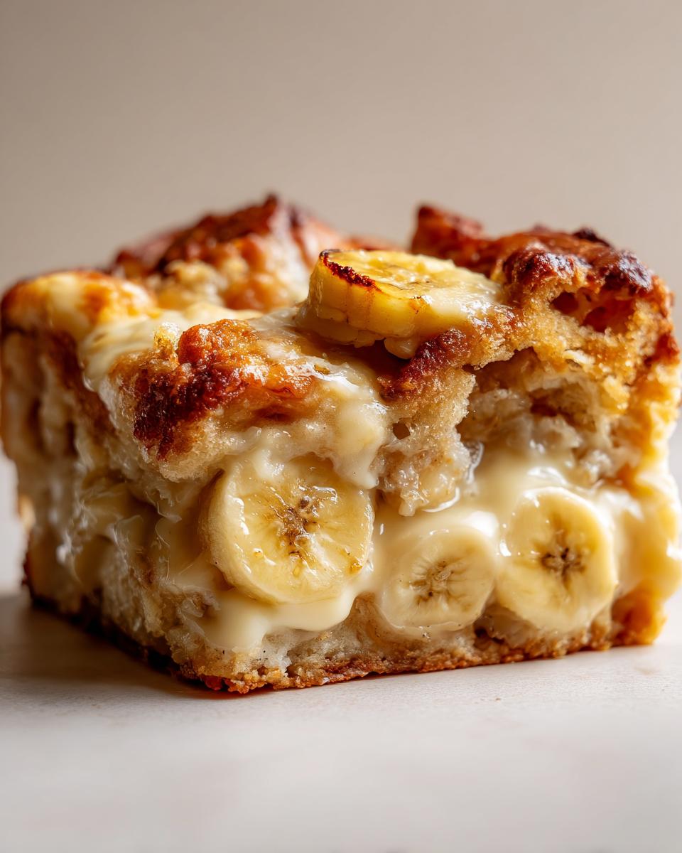 Close-up of a slice of banana pudding cobbler, showing layers of soft bread, creamy pudding, and sliced bananas.