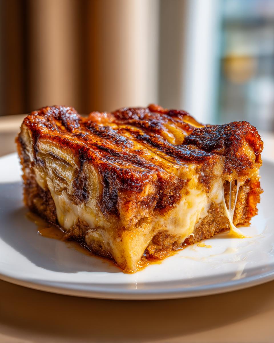 A close-up of a slice of banana pudding cobbler on a white plate, showing gooey melted filling and caramelized banana slices.