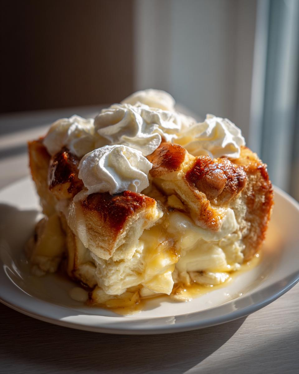 A generous slice of banana pudding cobbler topped with whipped cream and drizzled with syrup.