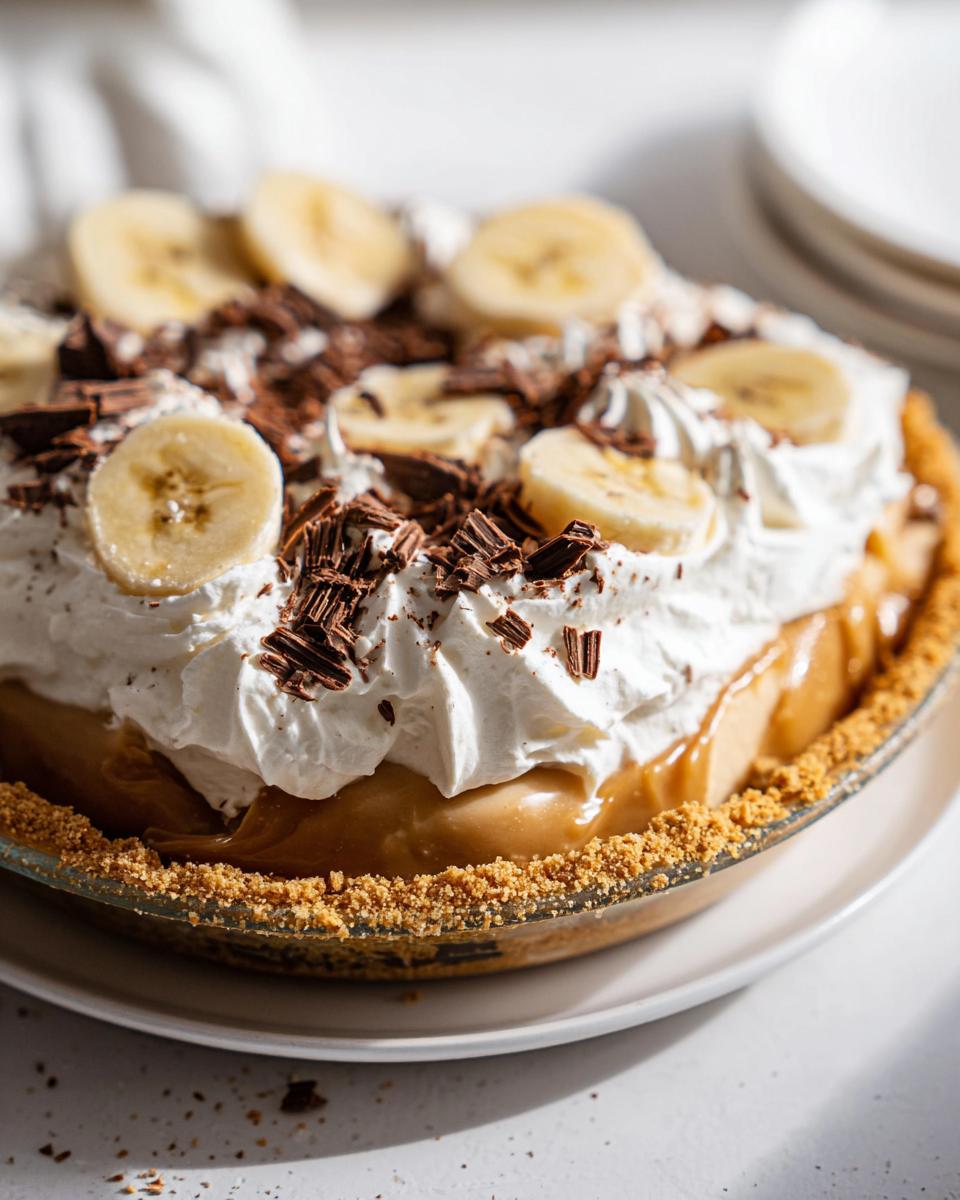 A close-up of an Easy Banoffee Pie Inspired by Mary Berry, topped with whipped cream, banana slices, and chocolate shavings.