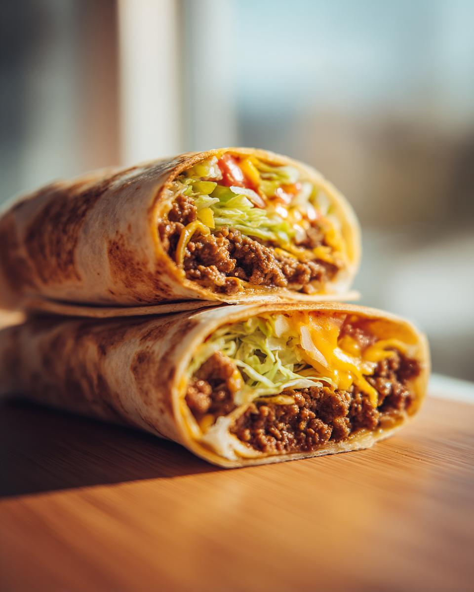 Close-up of two Big Mac Tortilla Wraps, cut in half, showing seasoned ground beef, shredded lettuce, cheese, and sauce.