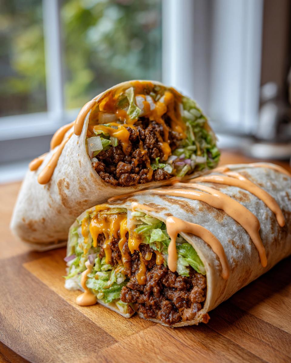 A Big Mac Wrap cut in half, showcasing seasoned ground beef, shredded lettuce, diced onions, melted cheese, and a drizzle of special sauce.