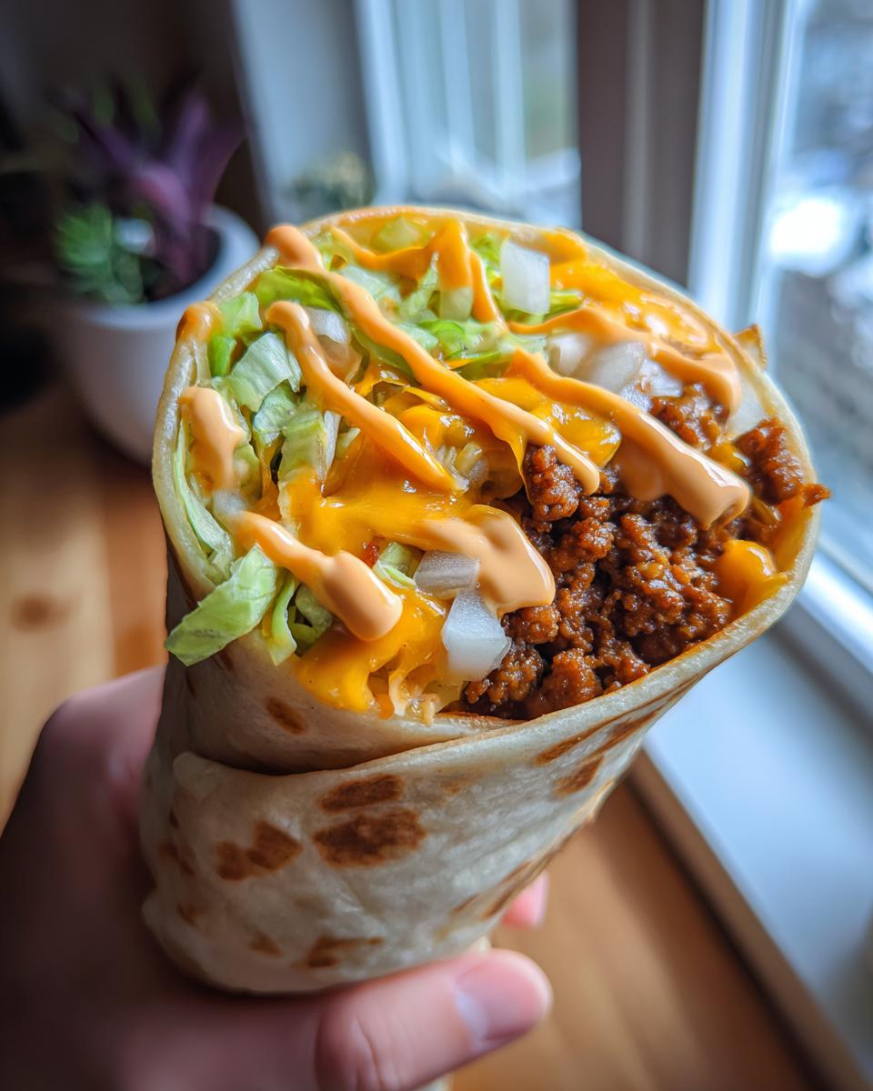 Close-up of a Big Mac Wrap filled with seasoned ground beef, shredded lettuce, diced onions, and drizzled with cheese and special sauce.
