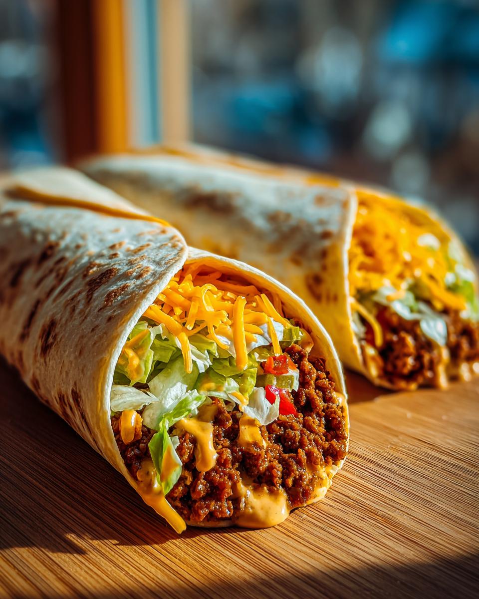 Two Big Mac wraps filled with seasoned ground beef, shredded lettuce, cheese, and sauce on a wooden board.