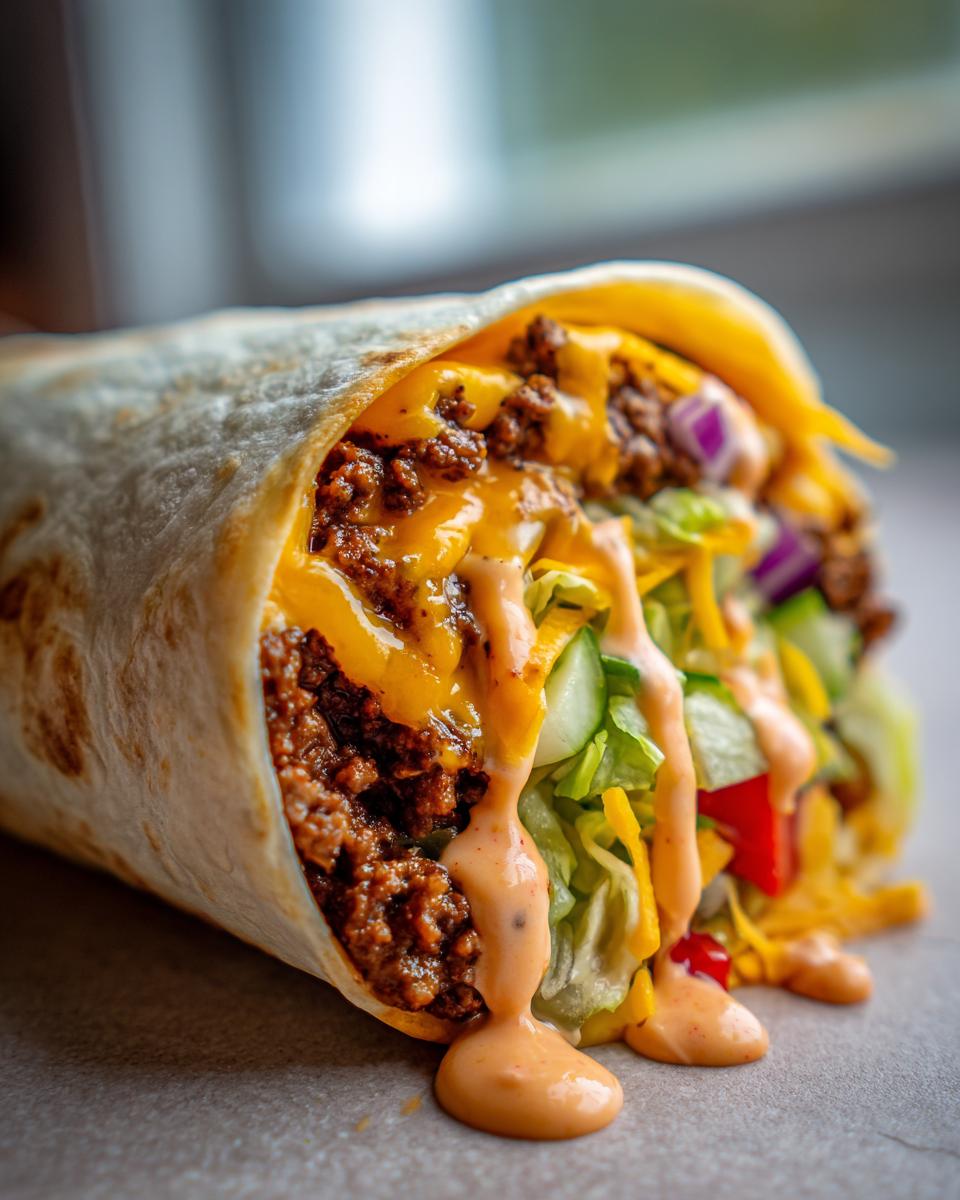 Close-up of a Big Mac wrap filled with seasoned ground beef, melted cheese, lettuce, onions, and a creamy sauce.