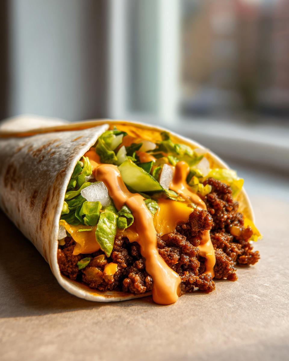 Close-up of a Big Mac wrap filled with seasoned ground beef, shredded lettuce, diced onions, pickles, melted cheese, and special sauce.