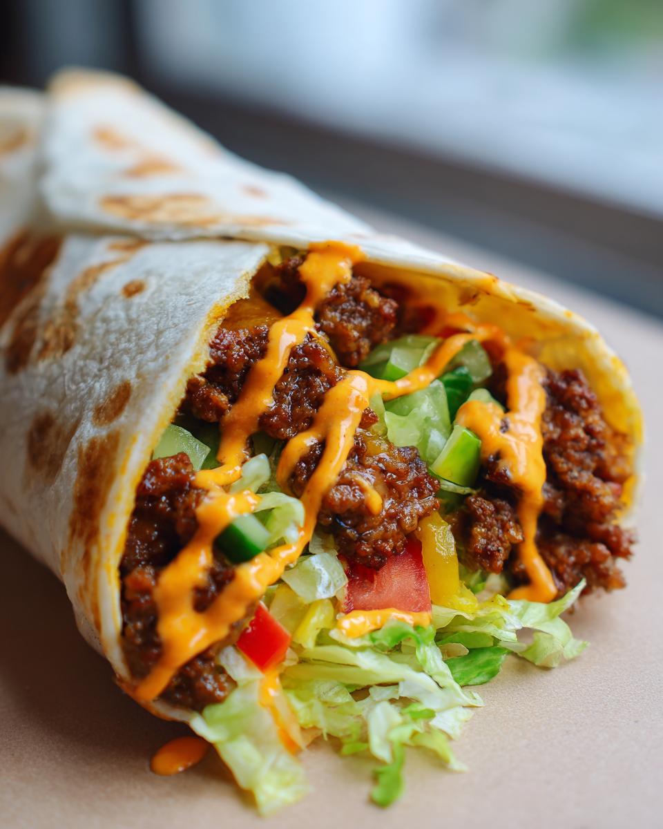 Close-up of a Big Mac wrap filled with seasoned ground beef, lettuce, tomatoes, pickles, and drizzled with special sauce.