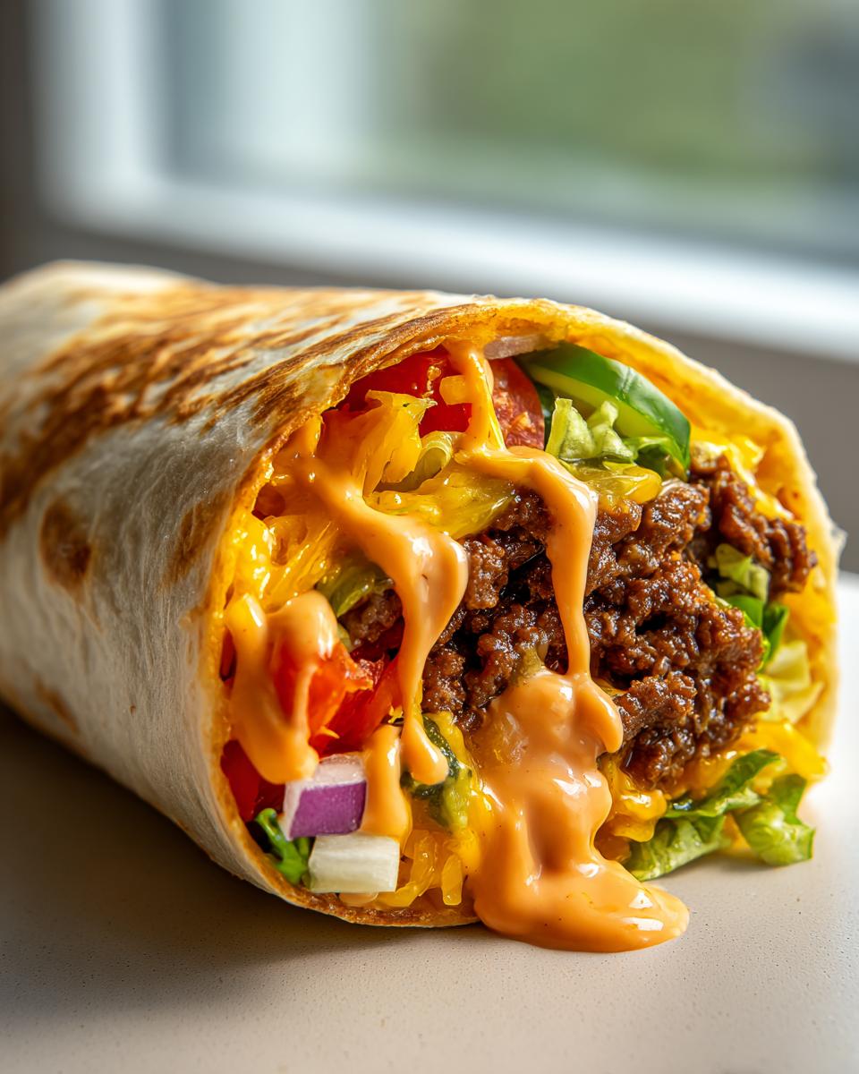 Close-up of a Big Mac wrap filled with seasoned ground beef, shredded lettuce, diced onions, tomatoes, cheese, and drizzled with special sauce.