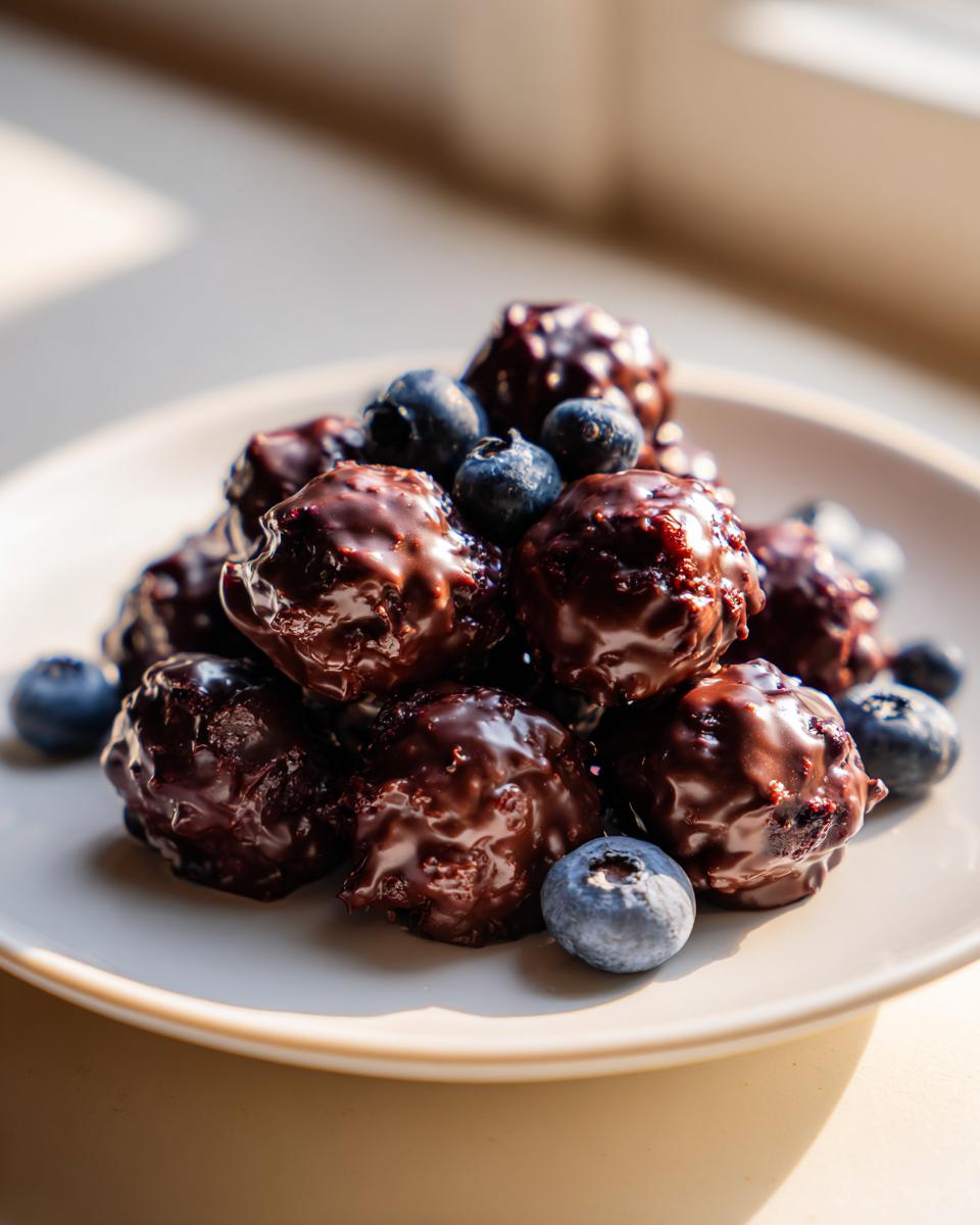 A pile of blueberry dark chocolate bites drizzled with chocolate, garnished with fresh blueberries.