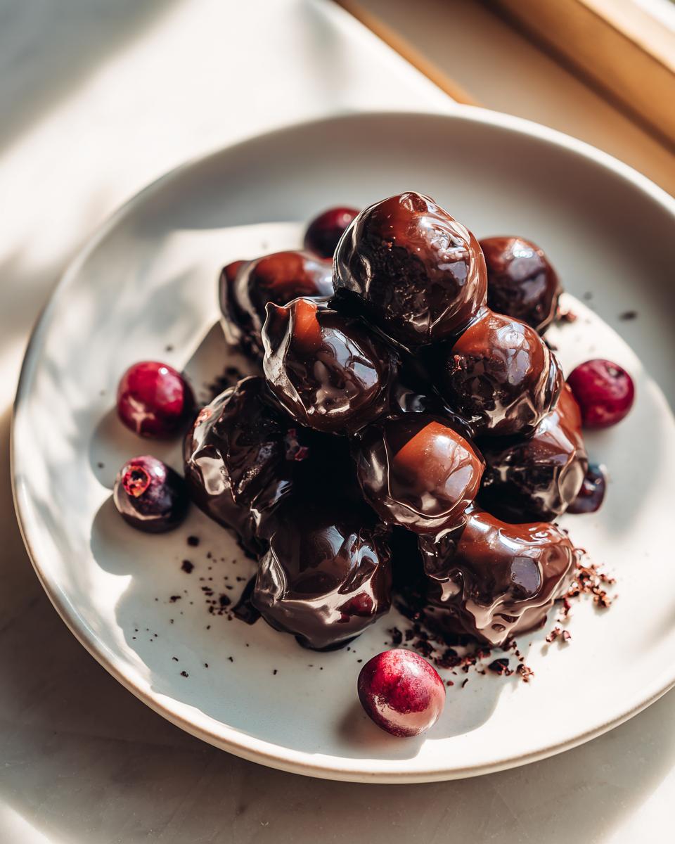 A close-up of glistening blueberry dark chocolate bites piled on a white plate, with fresh blueberries scattered around.