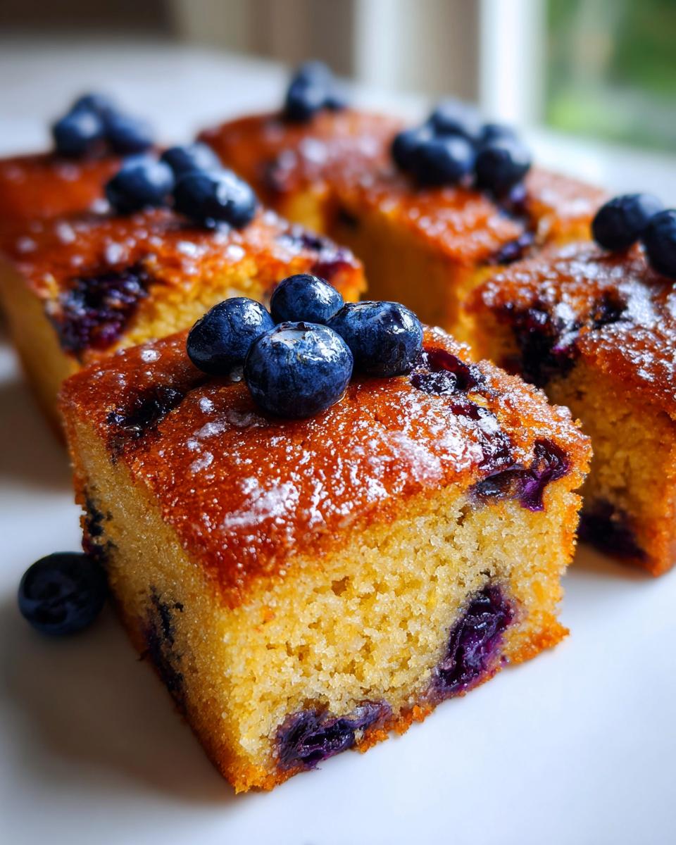 Close-up of a slice of Blueberry Traybake inspired by Mary Berry, topped with fresh blueberries and a dusting of icing sugar.
