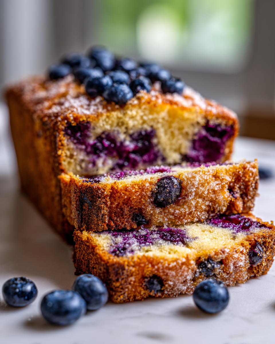 A close-up shot of a sliced Blueberry Traybake inspired by Mary Berry, topped with fresh blueberries and dusted with sugar.