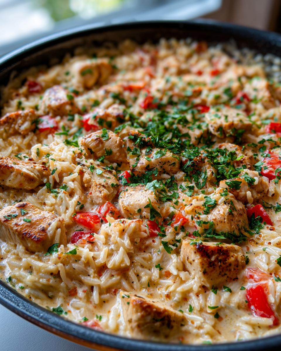 Close-up of Brazilian coconut chicken with rice, featuring tender chicken pieces, white rice, red bell peppers, and fresh parsley in a creamy sauce.