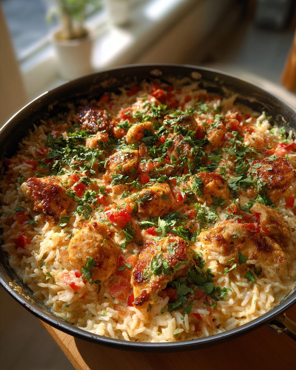 Close-up of Brazilian Coconut Chicken with Rice in a pan, garnished with fresh parsley.