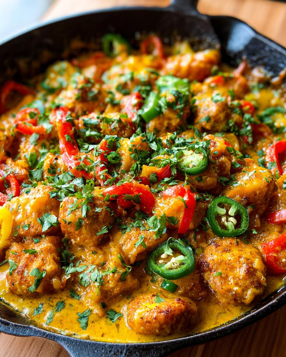 Close-up of Brazilian coconut chicken in a cast iron skillet, topped with bell peppers, jalapenos, and cilantro.