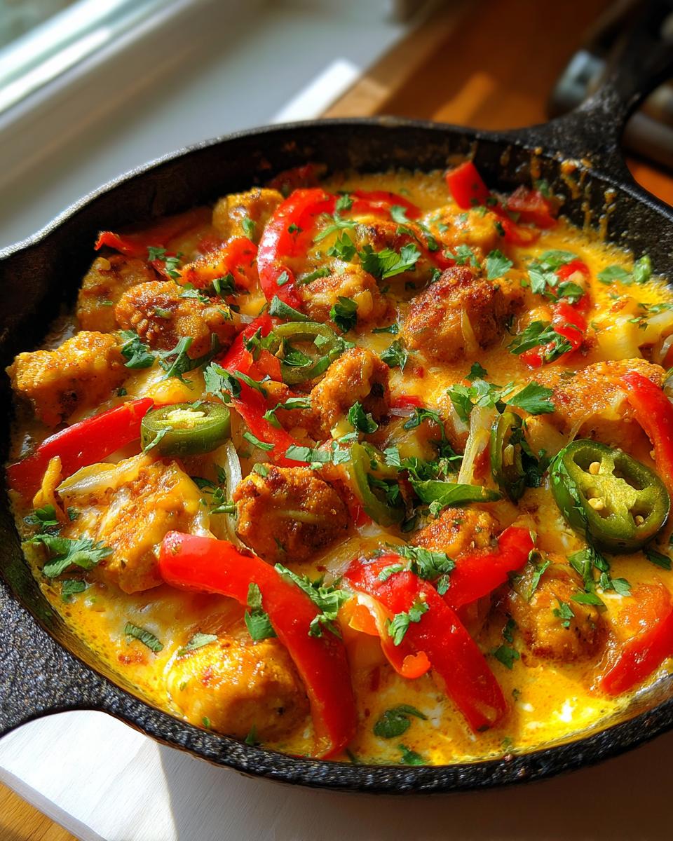 Close-up of Brazilian Coconut Chicken in a cast iron skillet, with red peppers, jalapeños, and cilantro.