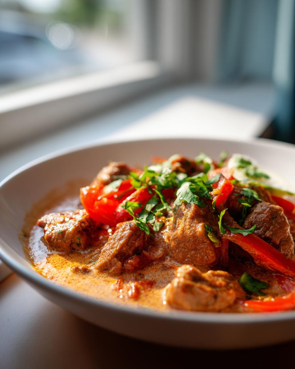 Close-up of a bowl of Brazilian coconut chicken stew with tender chicken pieces, red bell peppers, and fresh cilantro.
