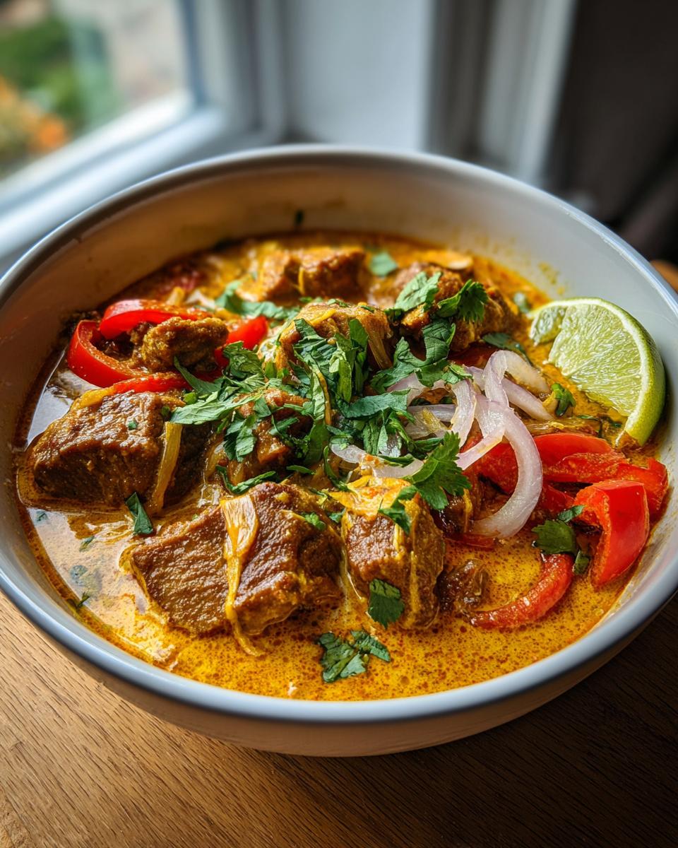 A close-up of a bowl of Brazilian coconut chicken stew, featuring tender chicken pieces, red bell peppers, onions, and fresh cilantro.