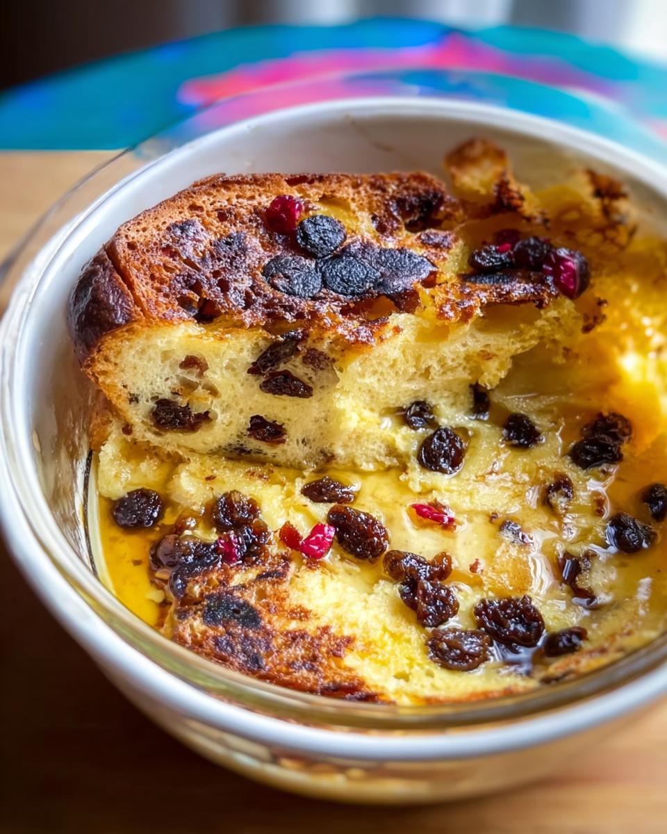 A close-up of a slice of golden-brown Bread and Butter Pudding Jamie Oliver Inspired, studded with raisins and cranberries, in a glass dish.