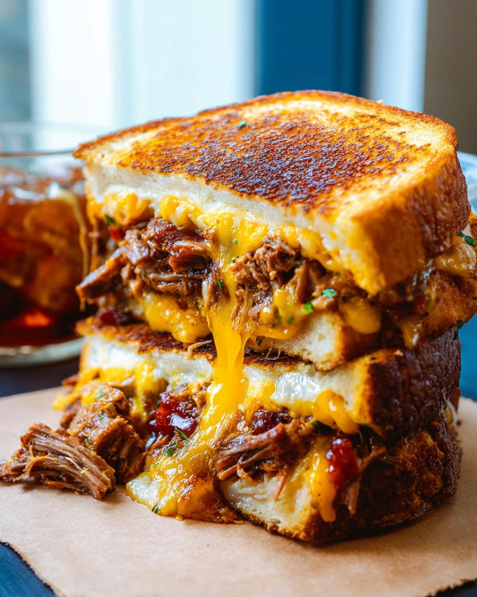 A tall Brisket Grilled Cheese with Cheddar and Monterey Jack, oozing with melted cheese.