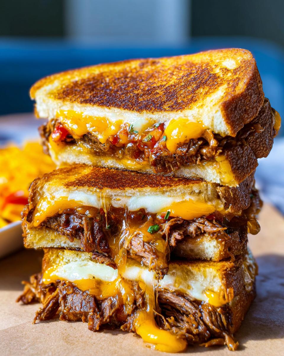 A stack of three Brisket Grilled Cheese sandwiches with melted Cheddar and Monterey Jack cheese oozing out.
