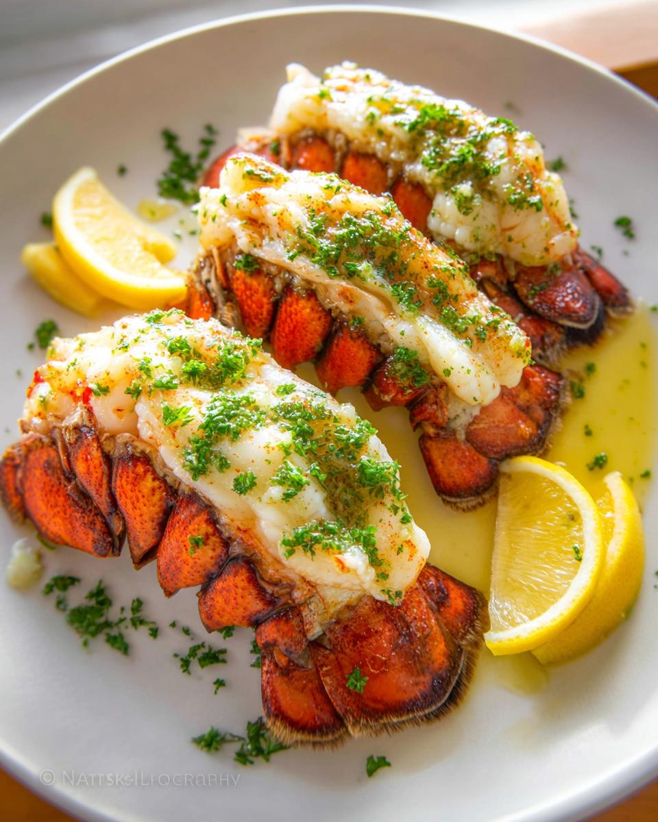 Three perfectly broiled lobster tails served with lemon wedges and drizzled with garlic lemon butter sauce.