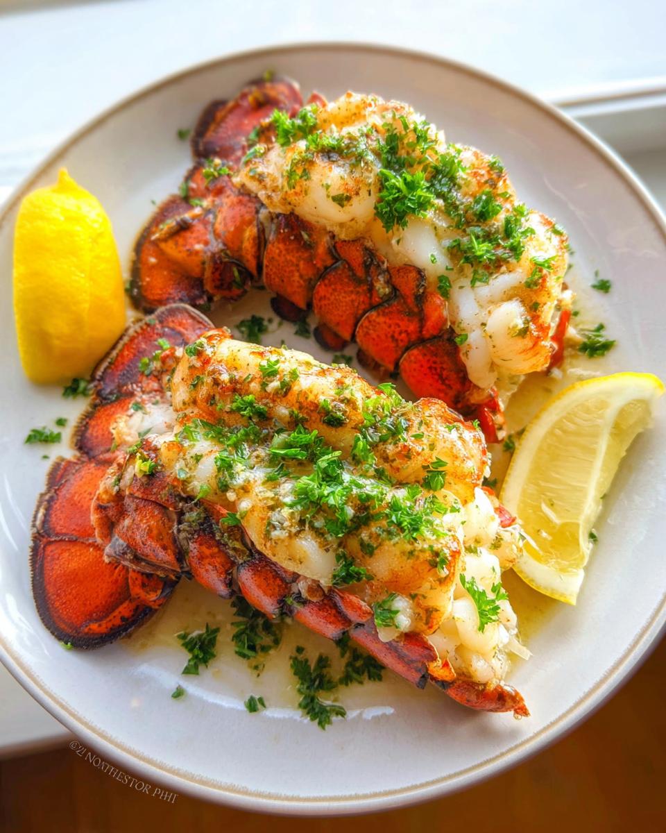 Two succulent broiled lobster tails served with lemon wedges and sprinkled with fresh parsley, glistening with garlic lemon butter.