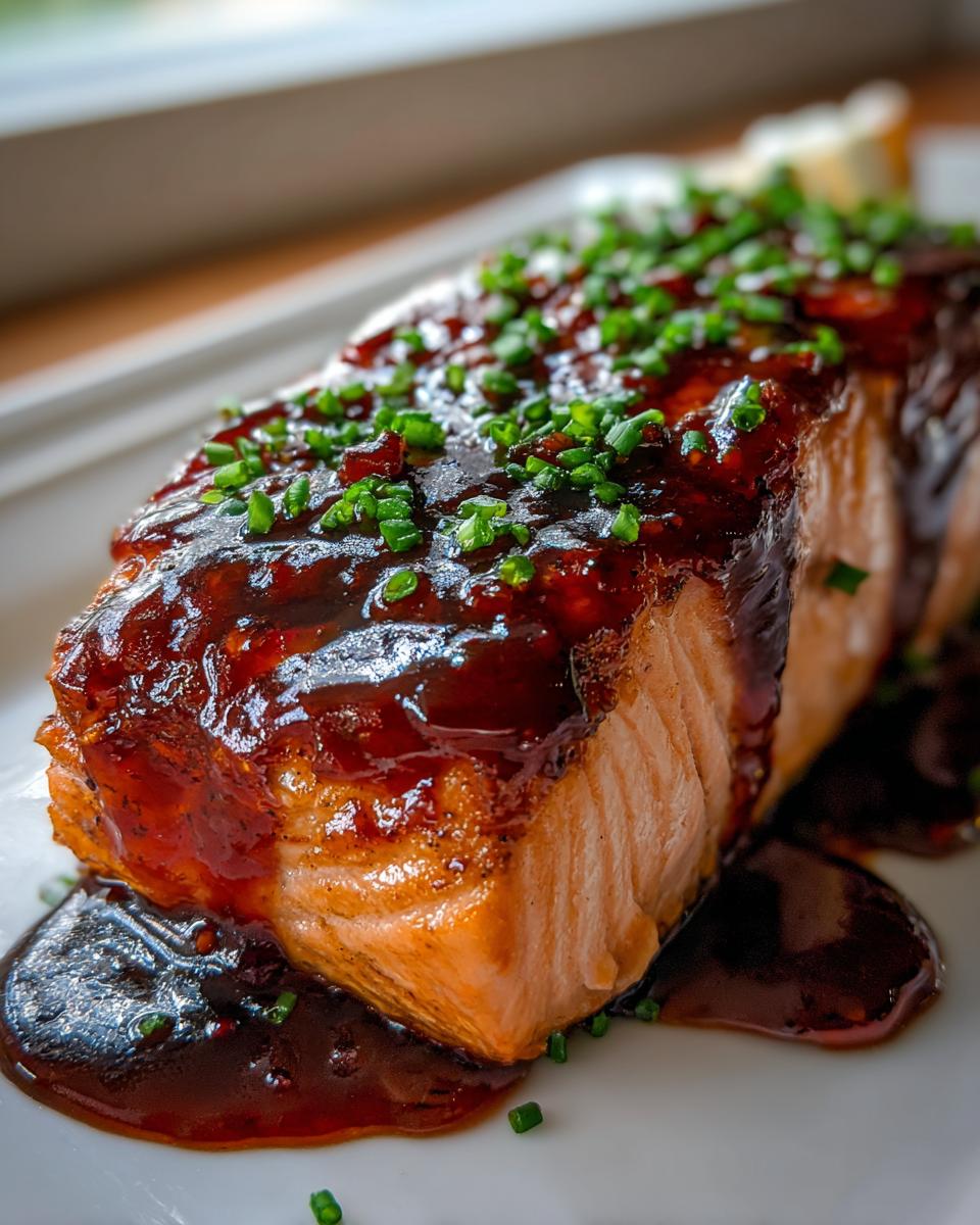 A close-up of a perfectly cooked Brown Sugar Glazed Salmon fillet, glistening with sauce and topped with fresh chives.