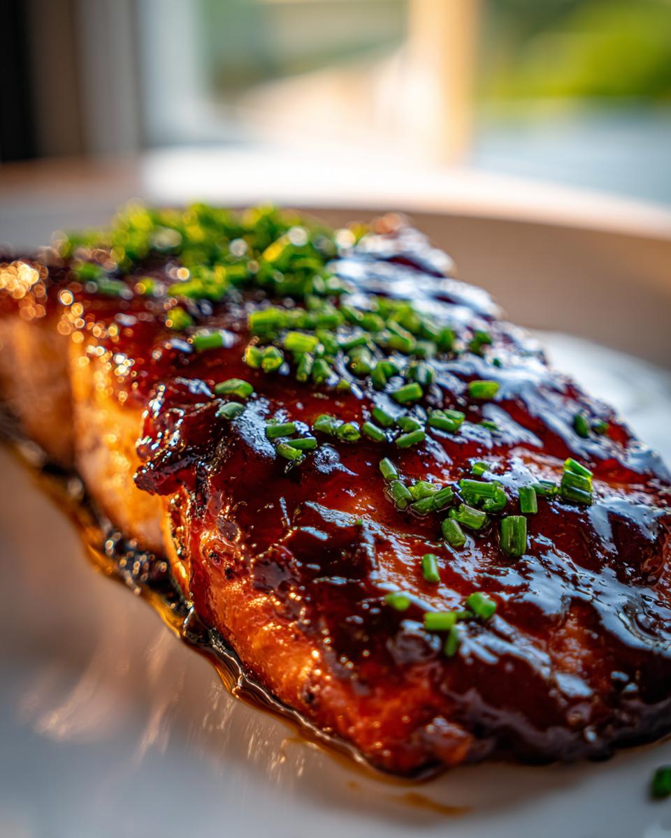 A close-up of a glistening piece of Brown Sugar Glazed Salmon, topped with fresh chives.