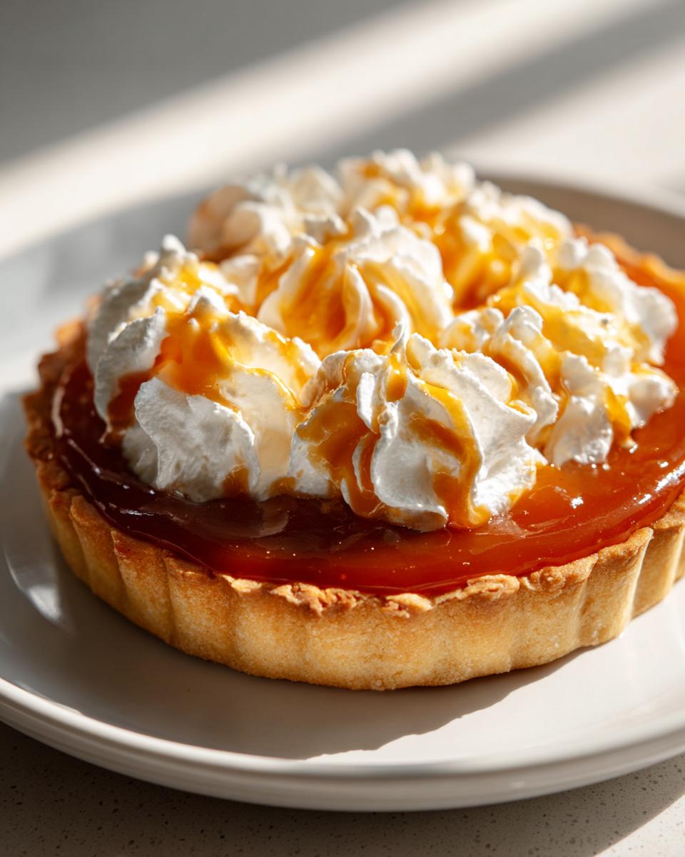 A close-up of a delicious Butterscotch Tart Inspired by Mary Berry, topped with whipped cream and caramel sauce.