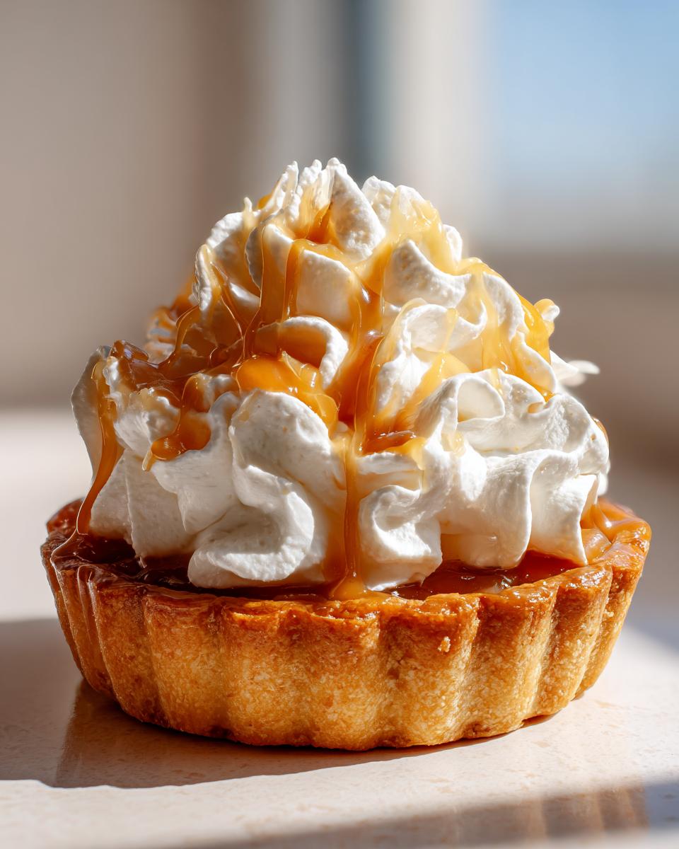 A close-up of a delicious Butterscotch Tart inspired by Mary Berry, topped with whipped cream and drizzled with caramel sauce.