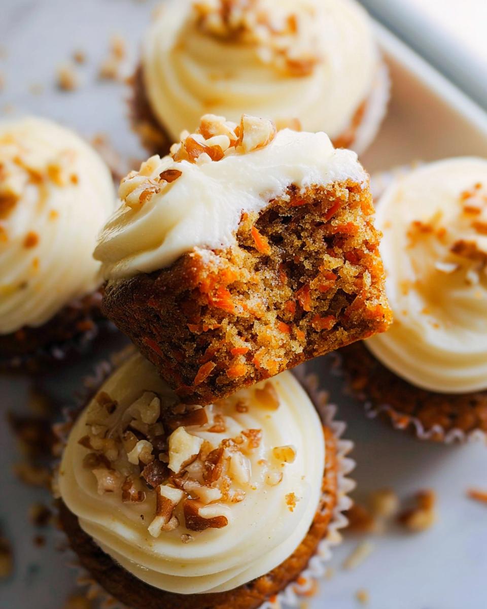 A close-up shot of a bite taken out of a Carrot Cake Cupcake Inspired by Mary Berry, showing the moist crumb and cream cheese frosting.