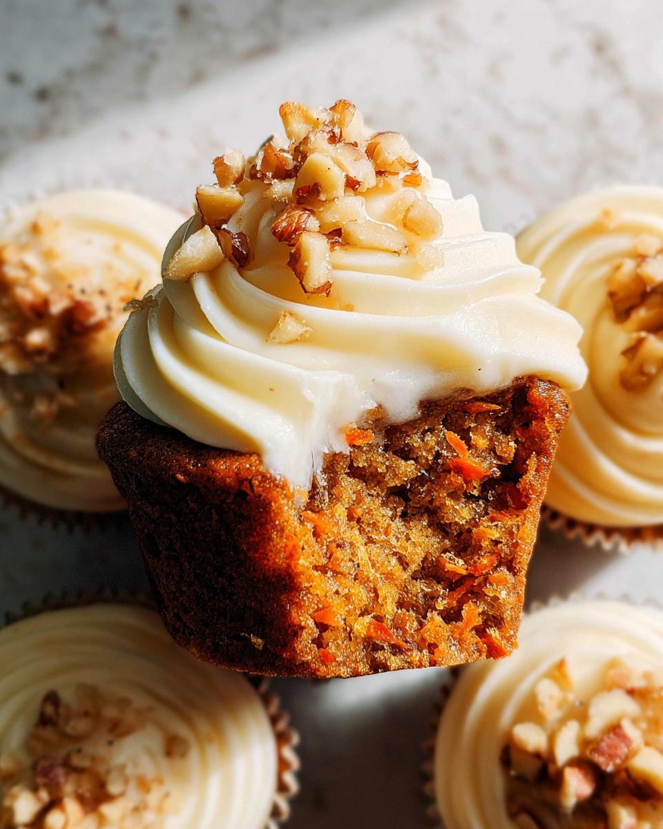 A close-up of a delicious Carrot Cake Cupcake, inspired by Mary Berry, with cream cheese frosting and chopped nuts.