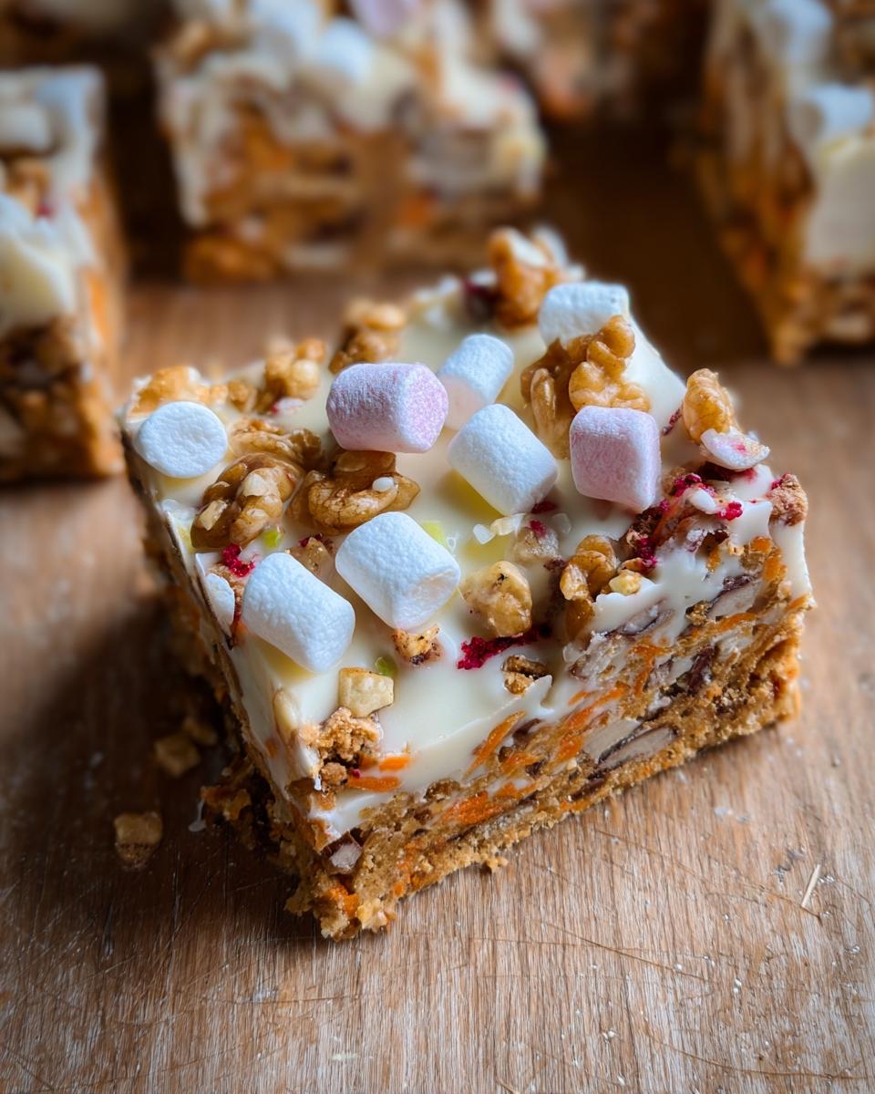 A close-up of a slice of Carrot Cake Rocky Road, topped with white chocolate, marshmallows, walnuts, and dried raspberries.