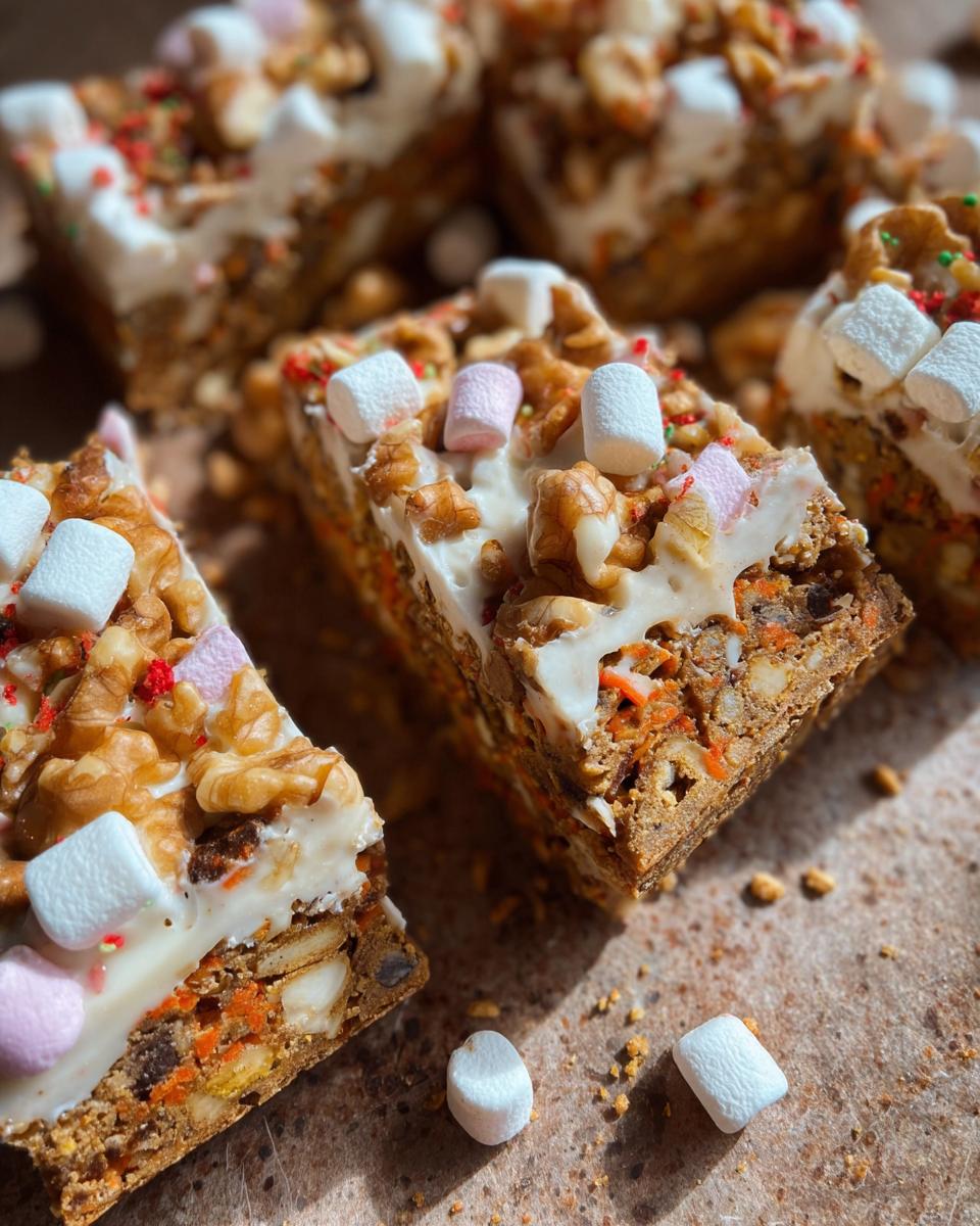 Close-up of delicious Carrot Cake Rocky Road slices topped with marshmallows and walnuts.