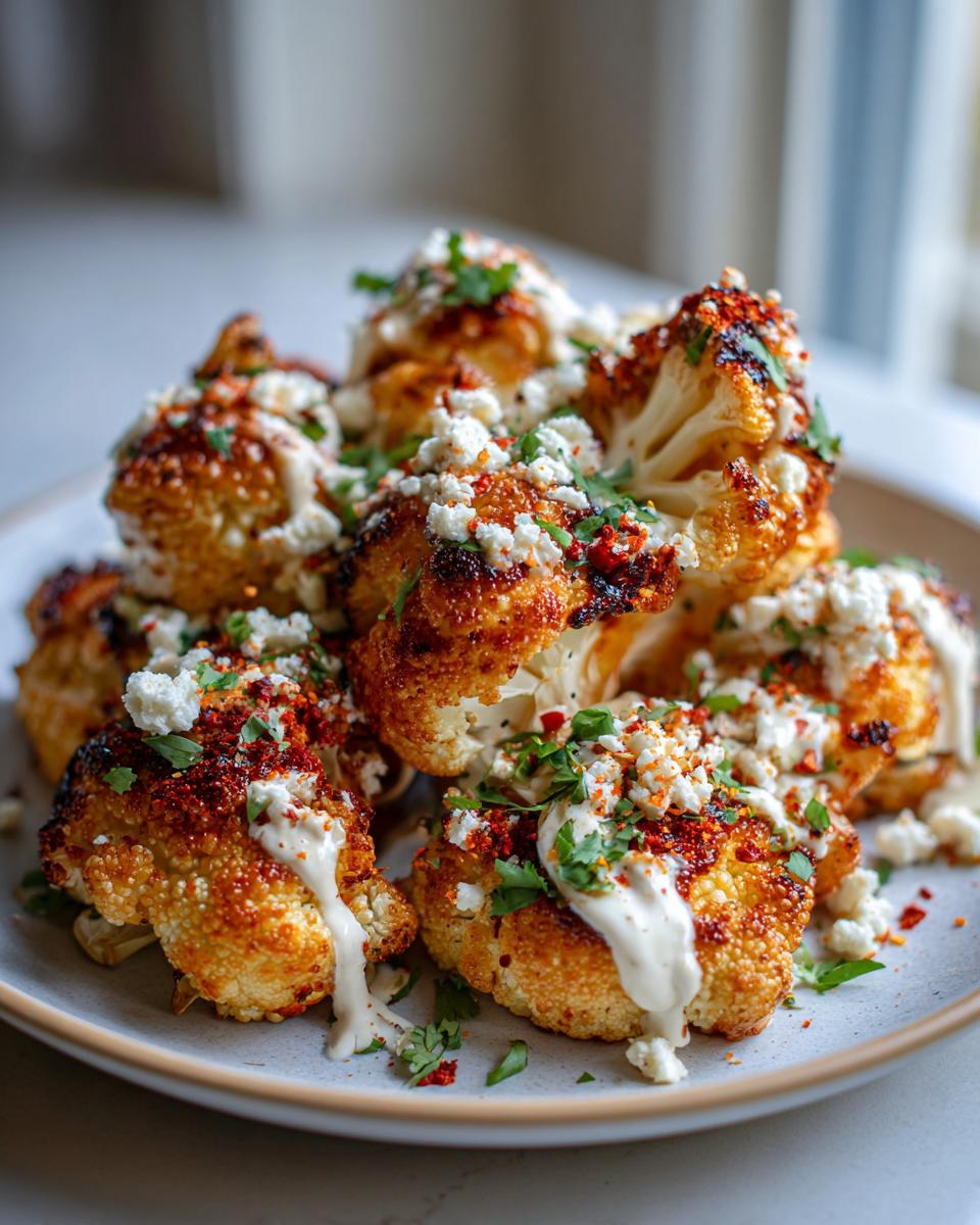 A close-up of roasted cauliflower elote bites topped with crumbled cheese, chili flakes, and a creamy sauce.