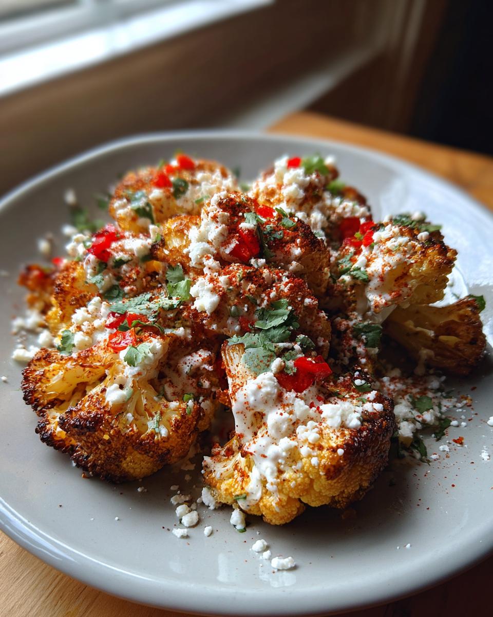 A close-up of roasted cauliflower elote bites topped with crumbled cheese, chili flakes, and cilantro.