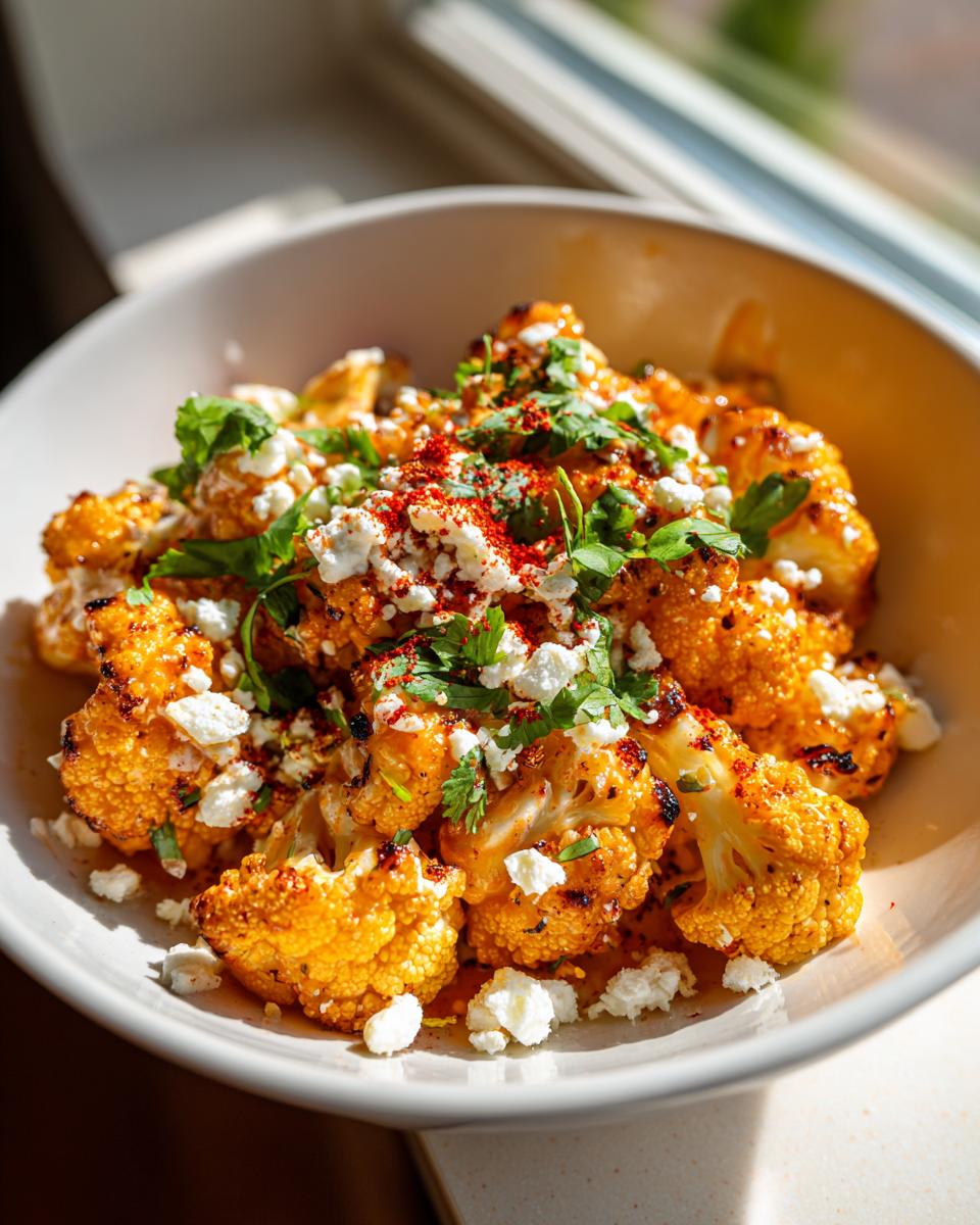 A close-up of vibrant cauliflower elote, roasted to perfection and topped with crumbled feta cheese, fresh cilantro, and a sprinkle of paprika.