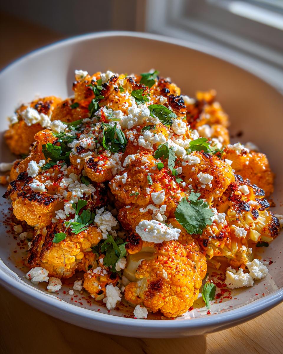 A close-up of roasted cauliflower elote topped with crumbled feta cheese, fresh cilantro, and chili powder.