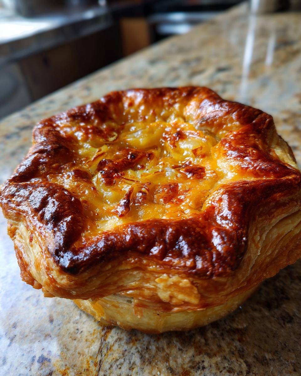 Close-up of a golden-brown, flaky Cheese and Onion Pie, inspired by Mary Berry.