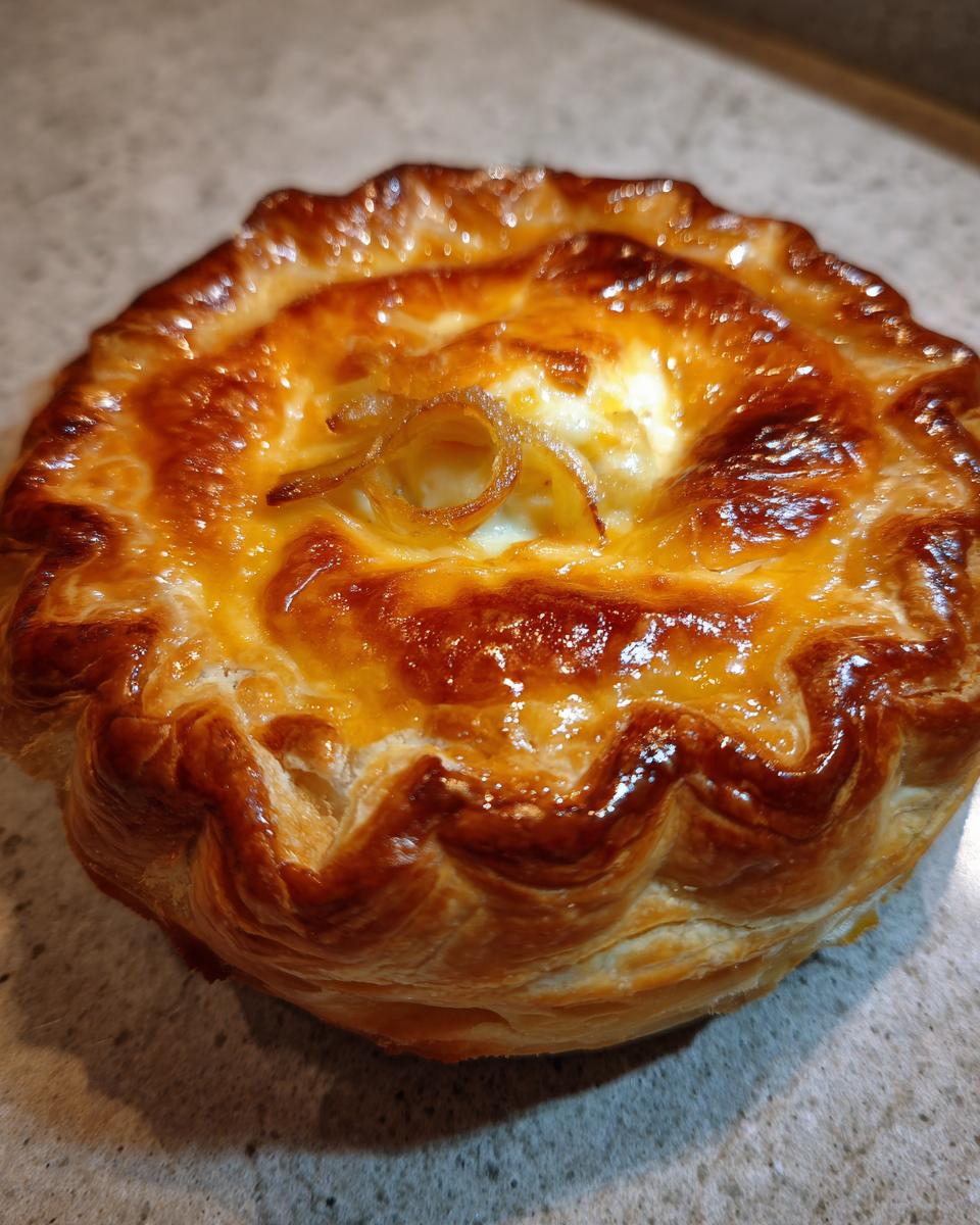 A close-up of a golden-brown, flaky Cheese and Onion Pie, inspired by Mary Berry, with a decorative crimped edge.