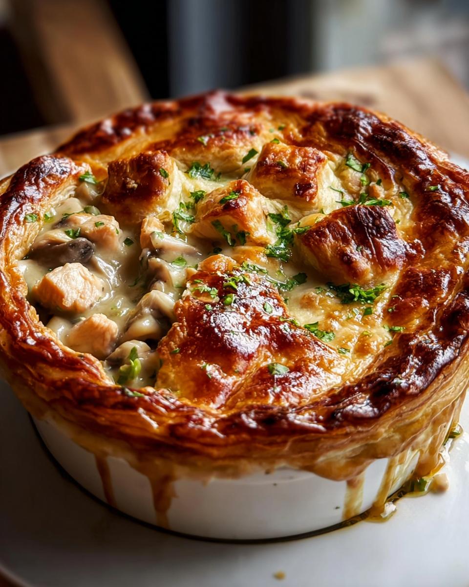 A close-up of a bubbling Chicken and Mushroom Pie, inspired by Mary Berry, with golden puff pastry and a creamy filling.