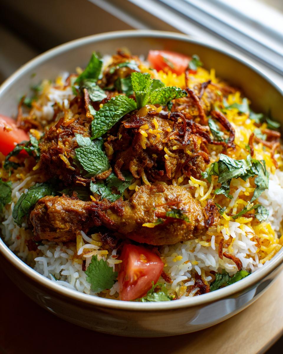 A close-up of a bowl of Chicken Biryani inspired by Jamie Oliver, with tender chicken pieces, saffron rice, fresh mint, and tomatoes.