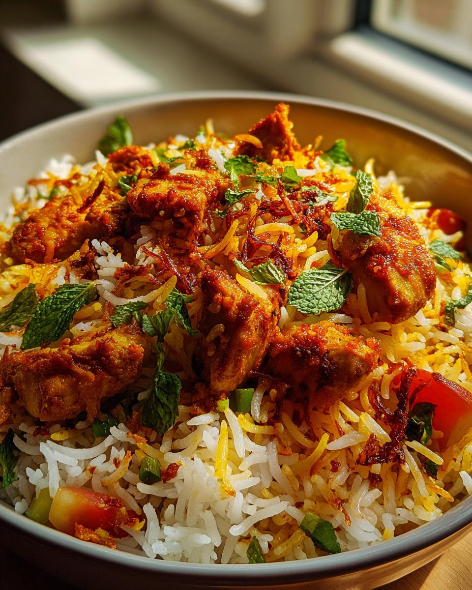 A close-up of a bowl of Chicken Biryani inspired by Jamie Oliver, featuring fluffy rice, tender chicken pieces, and fresh mint leaves.