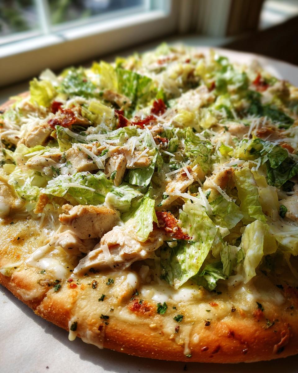 A close-up of a delicious chicken caesar salad pizza, topped with fresh lettuce, grilled chicken, and shaved parmesan cheese.