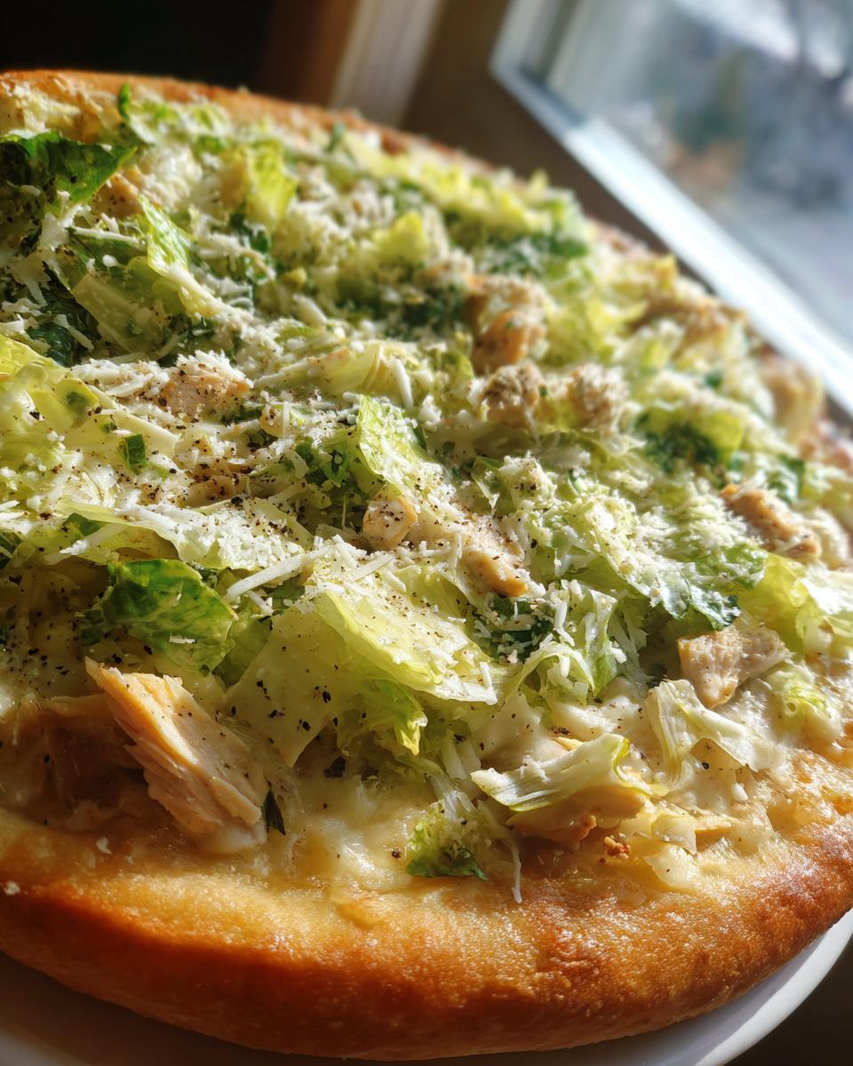 Close-up of a delicious chicken caesar salad pizza topped with fresh lettuce, shredded cheese, and chicken pieces.