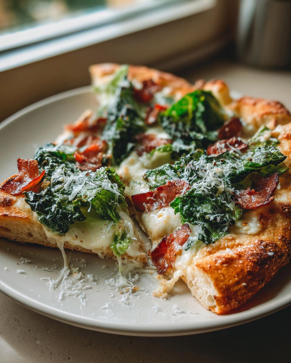 A close-up of a slice of chicken caesar salad pizza, topped with greens, bacon, and cheese.