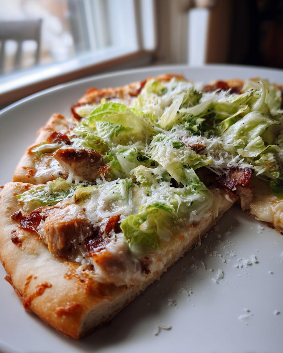 A slice of chicken caesar salad pizza on a white plate, featuring crispy crust, chicken, bacon, romaine lettuce, and parmesan cheese.