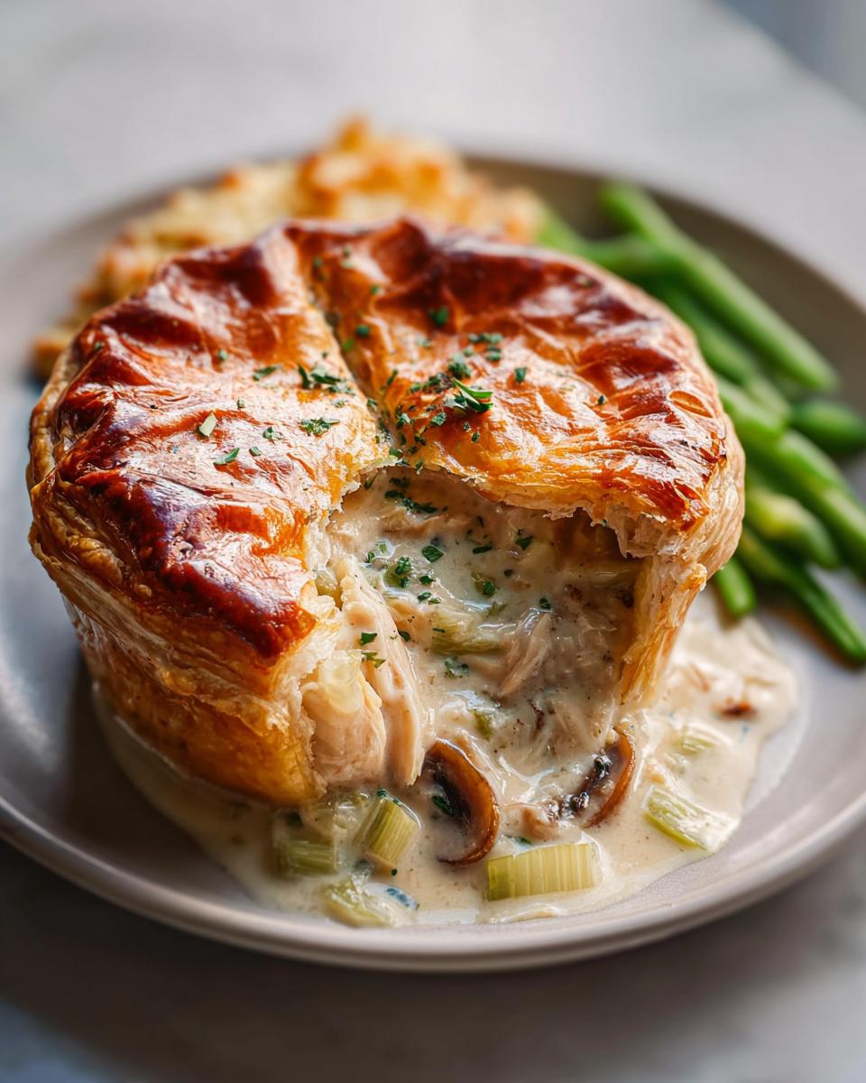 Close-up of a golden-brown Chicken and Leek Pie, with creamy filling oozing out, served with green beans.